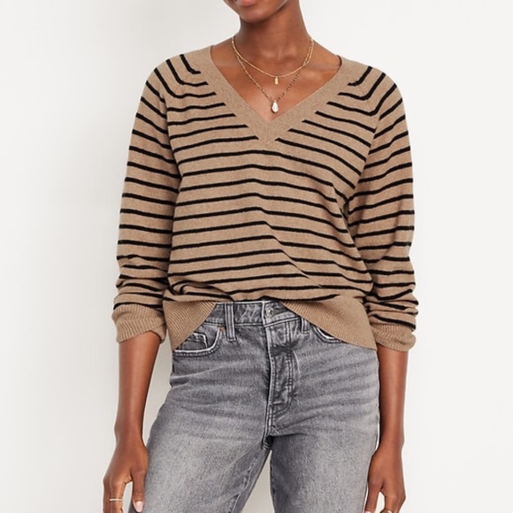Old Navy SoSoft Loose V-Neck Sweater Earth Brown Stripe XL Fall Layer Cozy Layer - Picture 1 of 10